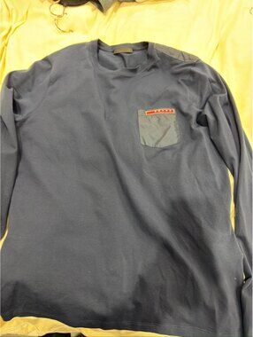 Prada Men's Navy Blue Long Sleeve Pocket T-Shirt Medium